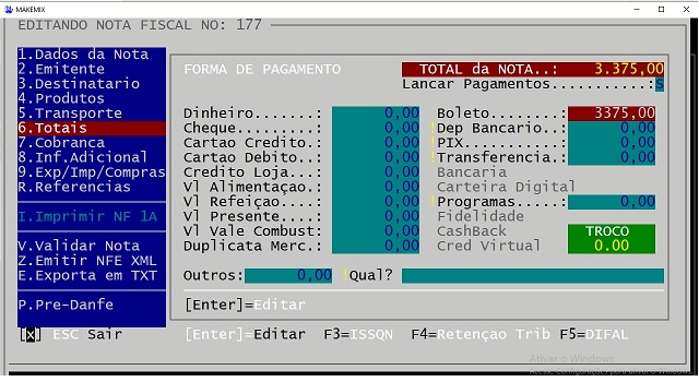 Em F1.Forma de Pagamento coloque o valor total da nota em uma das opções de pagamento